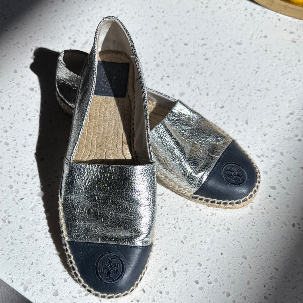 Silver and Navy Tory Burch Espadrille Flats